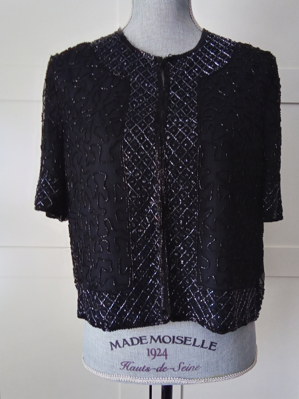 Black Short-Sleeve Beaded Tunic Top